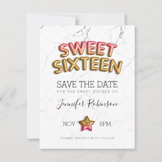 Zoete 16 Save the Date Blush Gold Balloons Glitter (Voorkant)