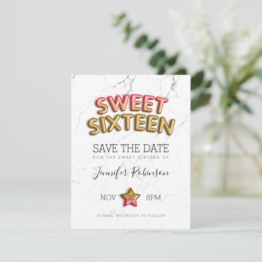 Zoete 16 Save the Date Blush Gold Balloons Glitter (Staand voorkant)
