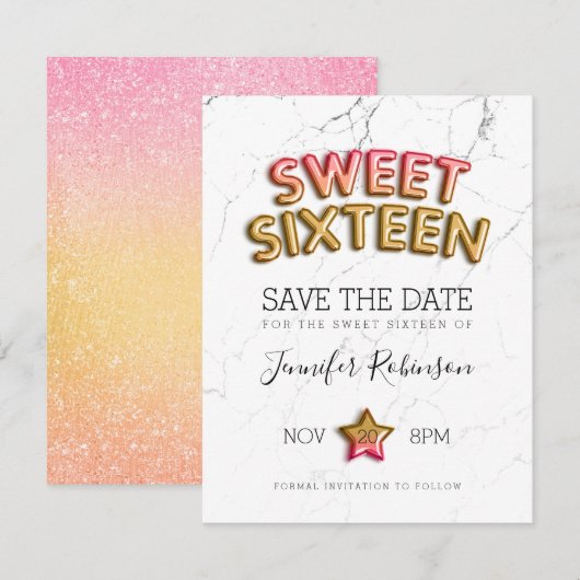 Zoete 16 Save the Date Blush Gold Balloons Glitter (Voorkant / Achterkant)