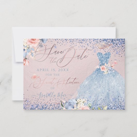 Zoete 16 Save the Date Dusty Blue Gown Invitation Kaart (Voorkant)