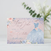 Zoete 16 Save the Date Dusty Blue Gown Invitation Kaart (Staand voorkant)
