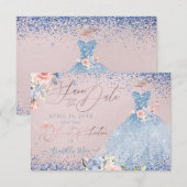 Zoete 16 Save the Date Dusty Blue Gown Invitation Kaart (Voorkant / Achterkant)