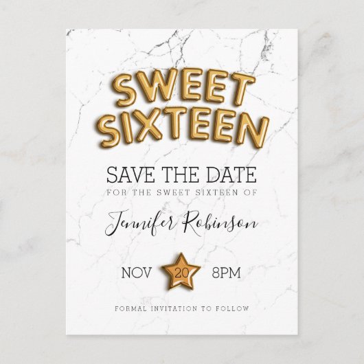 Zoete 16 Save the Date Gold Balloons Glitter Aankondigingskaart (Voorkant)