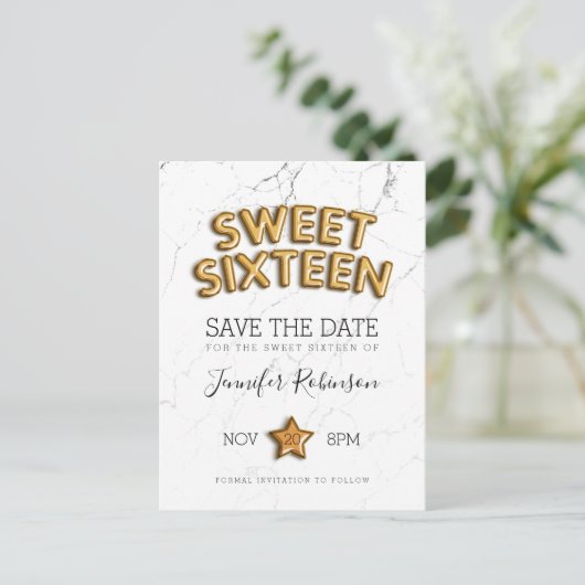 Zoete 16 Save the Date Gold Balloons Glitter Aankondigingskaart (Staand voorkant)
