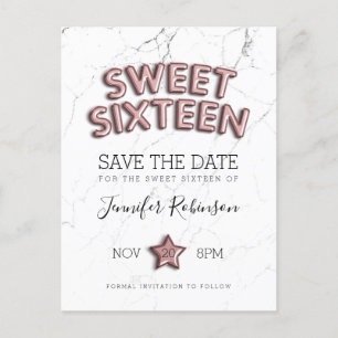 Zoete 16 Save the Date Roos Gold Balloons Glitter Aankondigingskaart