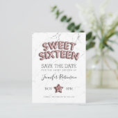 Zoete 16 Save the Date Roos Gold Balloons Glitter Aankondigingskaart (Staand voorkant)