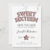 Zoete 16 Save the Date Roos Gold Balloons Glitter Kaart (Voorkant)