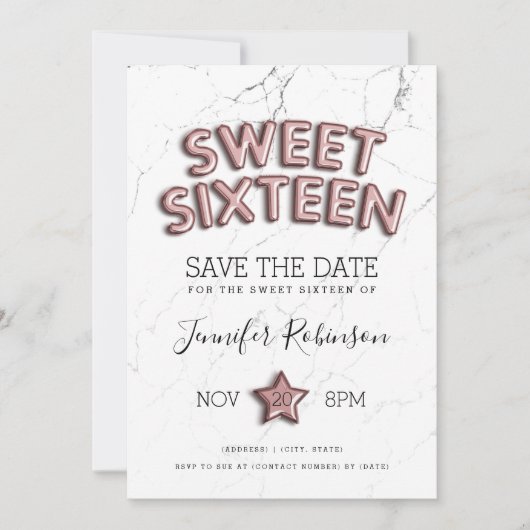 Zoete 16 Save the Date Roos Gold Balloons Glitter Kaart (Voorkant)