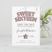 Zoete 16 Save the Date Roos Gold Balloons Glitter Kaart (Staand voorkant)