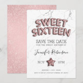 Zoete 16 Save the Date Roos Gold Balloons Glitter Kaart (Voorkant / Achterkant)