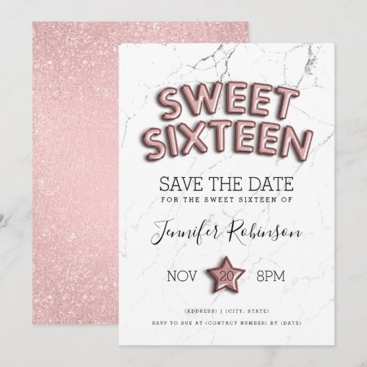 Zoete 16 Save the Date Roos Gold Balloons Glitter Kaart (Voorkant / Achterkant)