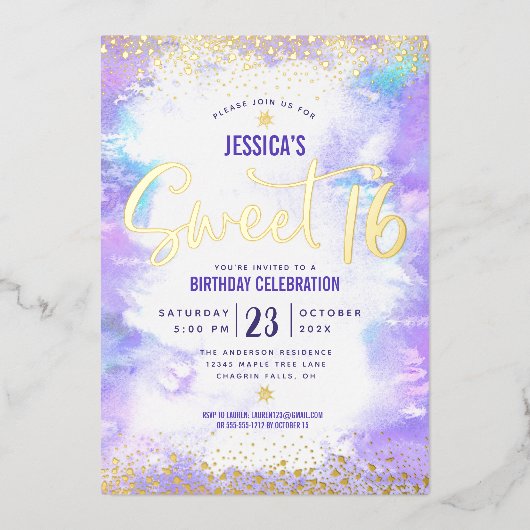 Zoete 16 Script Paarse Waterverf Glam Echt Goud Folie Uitnodiging (Voorkant)