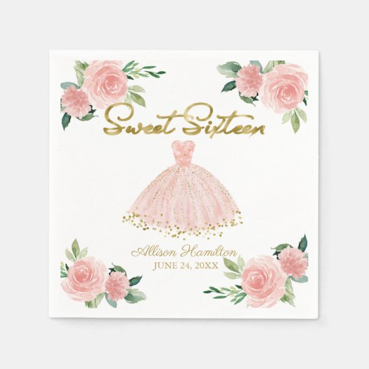 Zoete 16 servetten Blush jurk Roze bloemen (Voorkant)