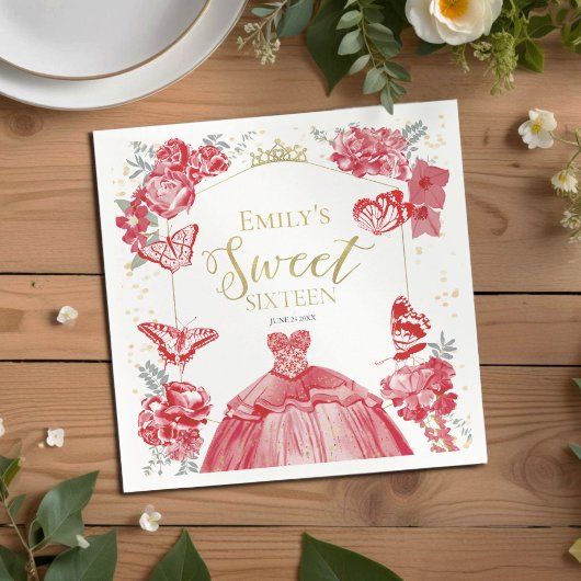 Zoete 16 servetten vlinder rode jurk bloemen