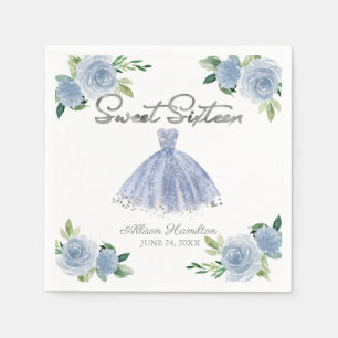 Zoete 16 Servetten Zilver Stofblauw Jurk Bloemstuk