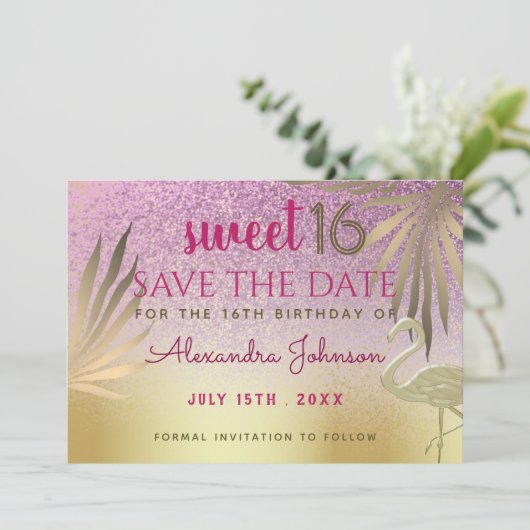 Zoete 16 Sparen de Datum Flamingo Roze en Goud Save The Date (Staand voorkant)