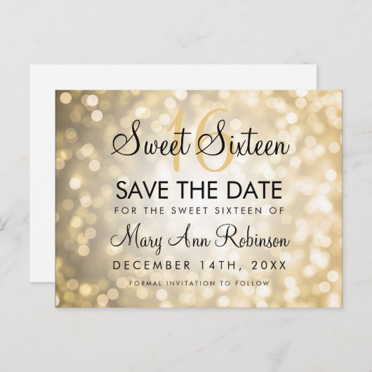 Zoete 16 Sparen de Datum Gold Glitter Lichten Aankondigingskaart (Voorkant / Achterkant)