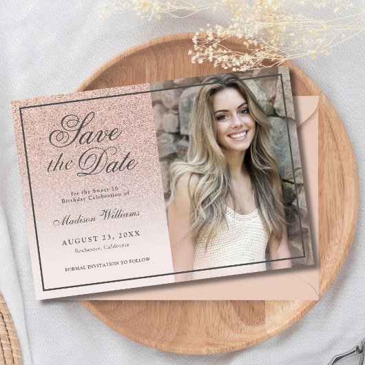 Zoete 16 Sparen de Datum Roos Gold Glitter Foto Save The Date