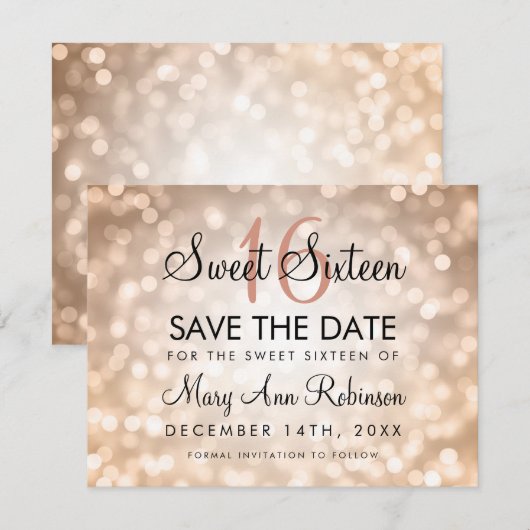 Zoete 16 Sparen de Datum Roos Gold Glitter Lichten Save The Date (Voorkant / Achterkant)