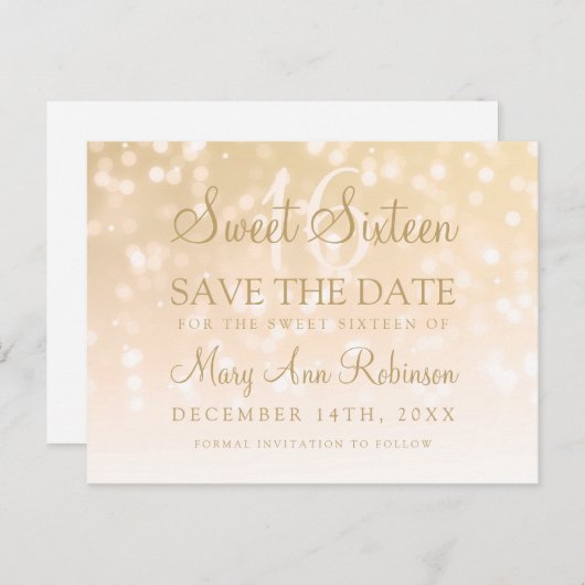 Zoete 16 Sparkle Lichten de Datum van gouden Bokeh Aankondigingskaart (Voorkant / Achterkant)