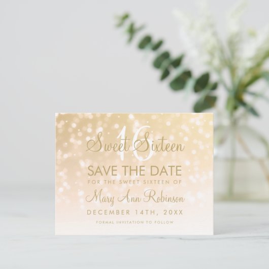 Zoete 16 Sparkle Lichten de Datum van gouden Bokeh Save The Date (Staand voorkant)
