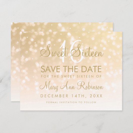 Zoete 16 Sparkle Lichten de Datum van gouden Bokeh Save The Date (Voorkant / Achterkant)