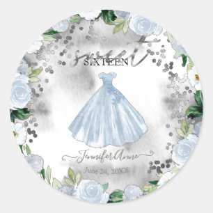Zoete 16 Stof Blauwe Bloemjurk Ronde Sticker