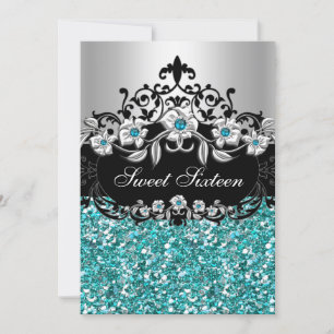 Zoete 16 Turquoise Bloem Glitter Feest Uitnodiging