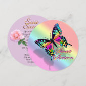 Zoete 16 uitnodiging regenboog en vlinder (Voorkant / Achterkant)