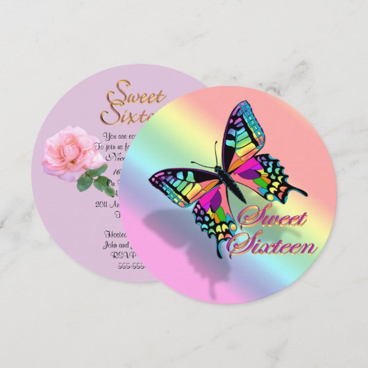 Zoete 16 uitnodiging regenboog en vlinder (Voorkant / Achterkant)