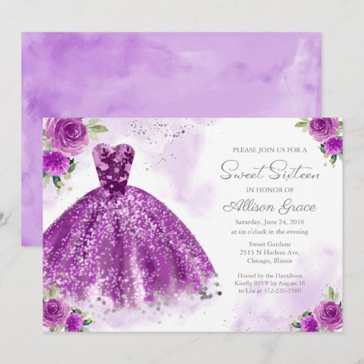 Zoete 16 Uitnodiging Zilver Foil Paarse Gown (Voorkant / Achterkant)