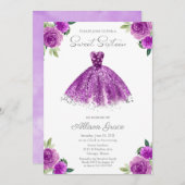 Zoete 16 Uitnodiging Zilver Foil Paarse Gown (Voorkant / Achterkant)