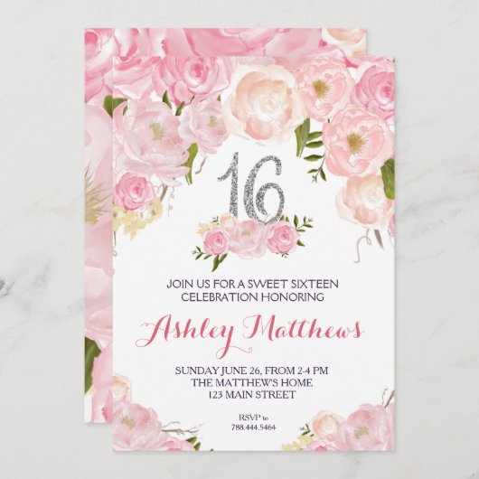 zoete 16 verjaardag Floral Uitnodiging, Kaart (Voorkant / Achterkant)