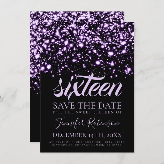 Zoete 16 verjaardag Red de datum Paarse glam Save The Date (Voorkant / Achterkant)