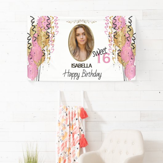 Zoete 16 verjaardag - Roze ballonnen Spandoek (Insitu)