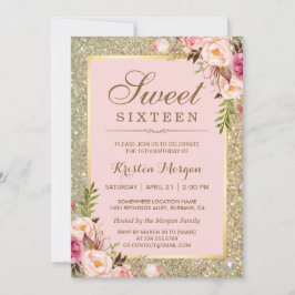 Zoete 16 verjaardag | Roze Floral Gold Gliters Kaart