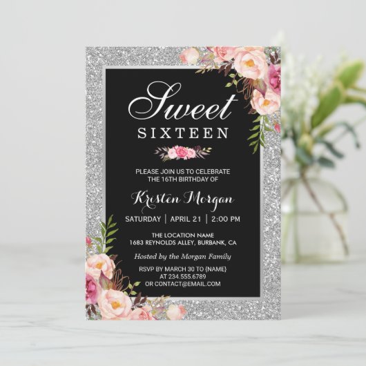 Zoete 16 verjaardag | Roze zilvergisten Kaart (Staand voorkant)