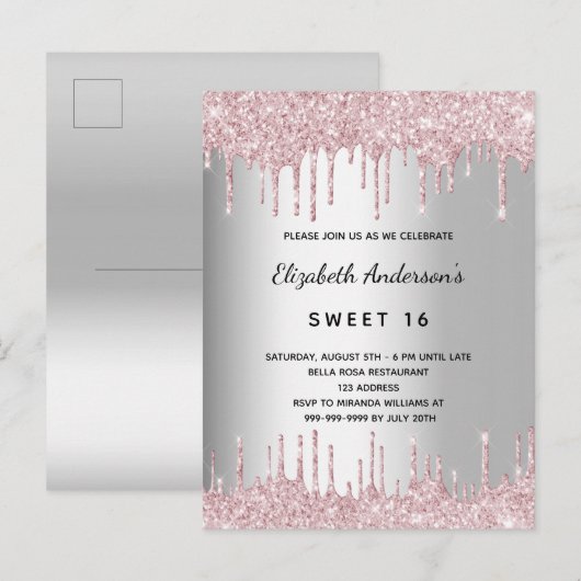 Zoete 16 verjaardag zilveren roze glitter druppels uitnodiging briefkaart (Voorkant / Achterkant)