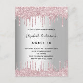 Zoete 16 verjaardag zilveren roze glitter druppels uitnodiging briefkaart (Voorkant)