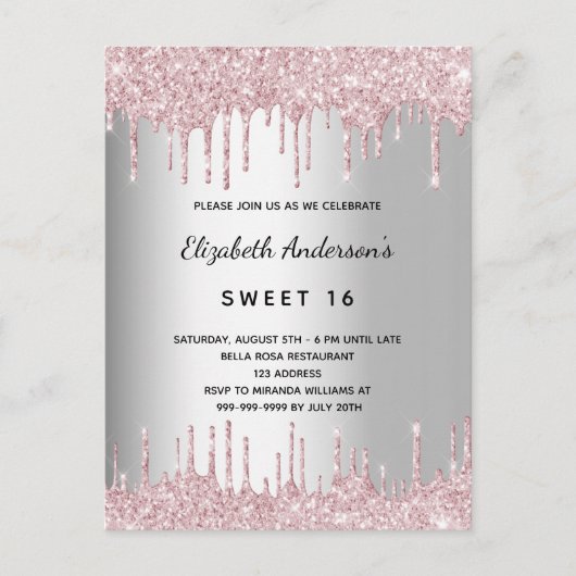 Zoete 16 verjaardag zilveren roze glitter druppels uitnodiging briefkaart (Voorkant)