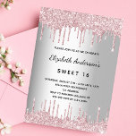 Zoete 16 verjaardag zilveren roze glitter druppels uitnodiging briefkaart<br><div class="desc">Een moderne,  stijlvolle en glamoureuze uitnodiging voor een Sweet 16,  16th verjaardagsfeestje. Een faux zilver uitziende achtergrond met een elegante roze faux glitter druppel,  verf druppelende look. De naam is geschreven met een zwart modern handschrift. Personaliseer en voeg een naam,  leeftijd en feestdetails toe.</div>