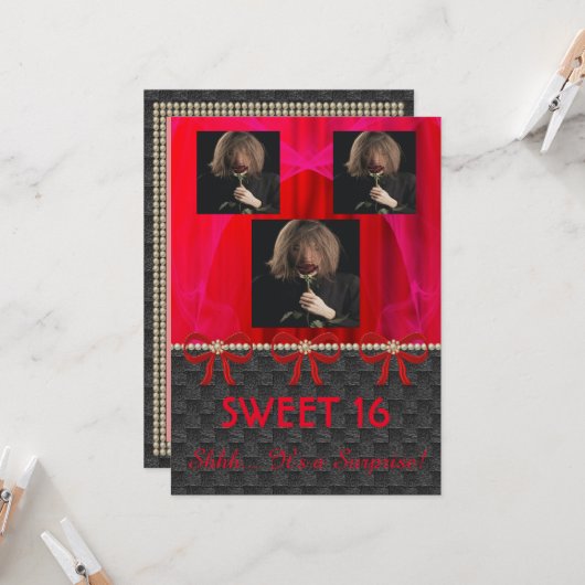 Zoete 16 Verrassende Partij Rode Zijde & Pearls & Kaart (Voorkant / Achterkant in situ)