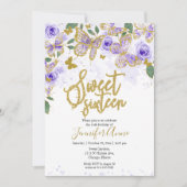 Zoete 16 Vlinder Uitnodiging Paarse Bloemen Goud (Voorkant)