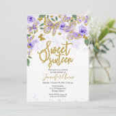 Zoete 16 Vlinder Uitnodiging Paarse Bloemen Goud (Staand voorkant)
