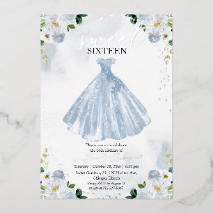 Zoete 16 Waterverf Bloemen Jurk Baby Blauw Zilver Folie Uitnodiging