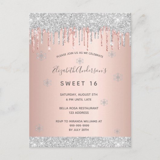 Zoete 16 winterroze roze roze roze roze uitnodigin briefkaart (Voorkant)