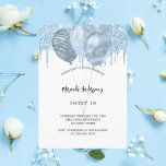 Zoete 16 witte blauwe ballonnen glitter druppels uitnodiging briefkaart<br><div class="desc">Een witte achtergrond. Versierd met lichtblauwe faux glitter druppels,  verf druppelende look en ballonnen. Personaliseer en een naam en feestdetails.</div>