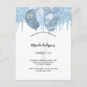 Zoete 16 witte blauwe ballonnen glitter druppels uitnodiging briefkaart (Voorkant)