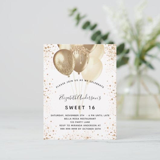 Zoete 16 witte goudballonnen uitnodiging briefkaart (Staand voorkant)