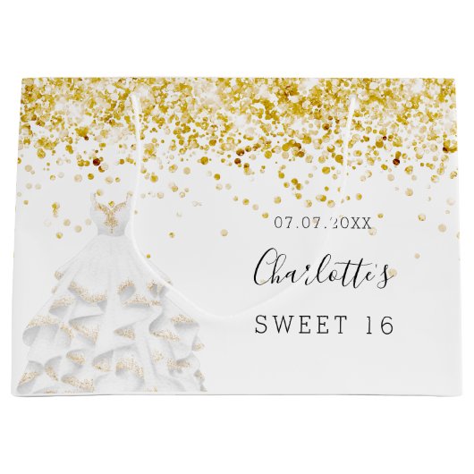 Zoete 16 witte goudglitter-jurk groot cadeauzakje (Voorkant)